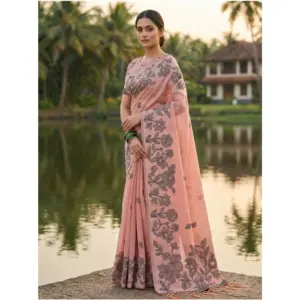 Women's Linen Cotton Printed Saree with Blouse – Peach
