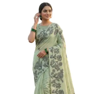 Women's Linen Cotton Printed Saree with Blouse – Light Green