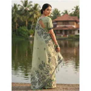 Women's Linen Cotton Printed Saree with Blouse – Light Green