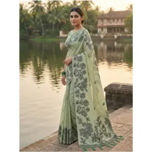 Women's Linen Cotton Printed Saree with Blouse – Light Green