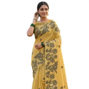 Women's Linen Cotton Printed Saree with Blouse – Yellow