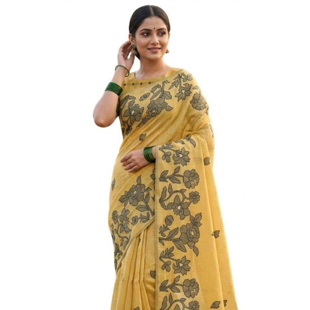 Women's Linen Cotton Printed Saree with Blouse – Yellow