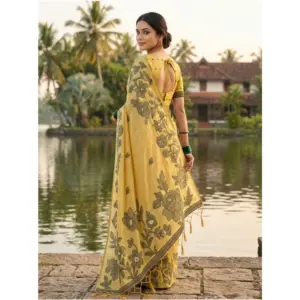 Women's Linen Cotton Printed Saree with Blouse – Yellow