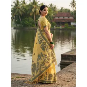 Women's Linen Cotton Printed Saree with Blouse – Yellow