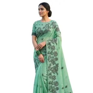 Women's Linen Cotton Printed Saree with Blouse – Rama Green