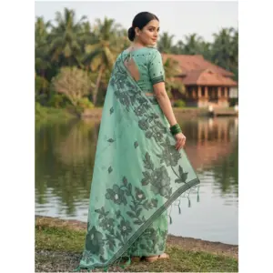 Women's Linen Cotton Printed Saree with Blouse – Rama Green