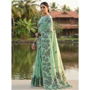 Women's Linen Cotton Printed Saree with Blouse – Rama Green