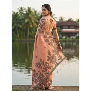 Women's Linen Cotton Printed Saree with Blouse – Orange