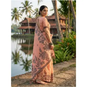 Women's Linen Cotton Printed Saree with Blouse – Orange
