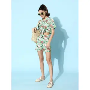 Generic Women's Polyester Floral Short Sleeve Co-Ord Set (Multicolor)