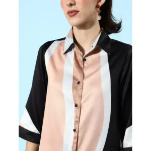 Generic Women's Satin Colour Block Long Sleeves Co-Ord Set (Beige - Black)