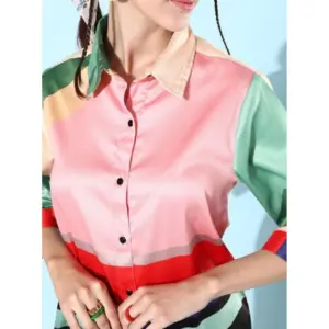 Generic Women's Satin Colour Block Long Sleeves Co-Ord Set (Multicolor)