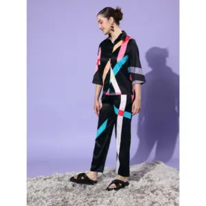 Generic Women's Satin Colour Block Long Sleeves Co-Ord Set (Multicolor)