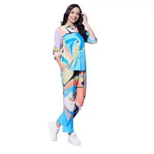 Generic Women's Polyester Colour Blocking 3-4th Sleeve Co-Ord Set (Multicolor)