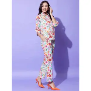 Generic Women's Polyester Floral 3-4th Sleeve Co-Ord Set (Multicolor)