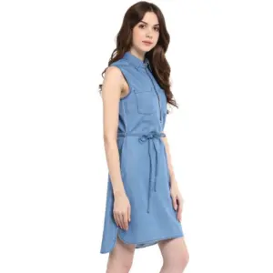 Generic Women's Denim Solid Sleeveless Dress (Blue)