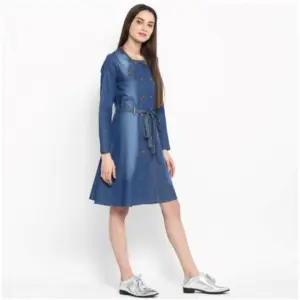 Generic Women's Denim Washed Regular Sleeves Dress (Blue)