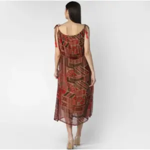 Generic Women's Polyester Printed Shoulder Straps Dress (Maroon - Brown)