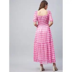 Generic Women's Polyester Georgette Checkered Half Sleeve Dress (Pink)