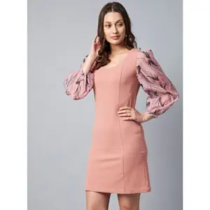Generic Women's Polyester Lycra And Organza Floral Balloon Sleeve Dress (Pink)