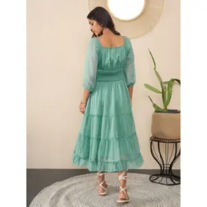 Generic Women's Chiffon Solid Puff Sleeve Dress (Green)