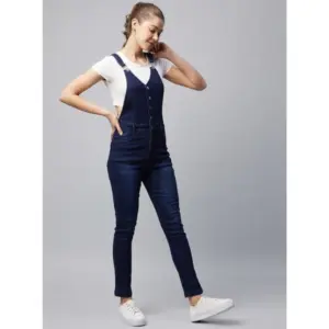 Generic Women's Denim Lycra Solid Buttoned Dungaree (Navy)