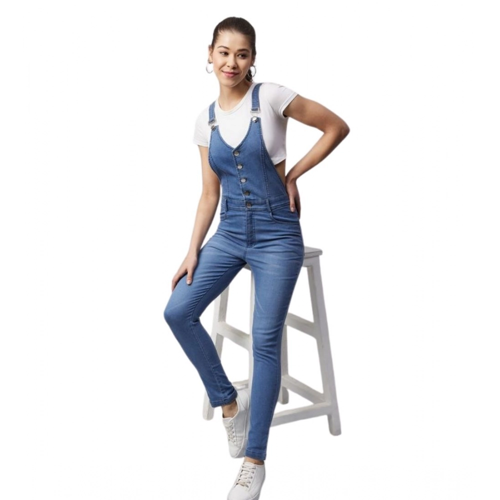 Generic Women's Denim Lycra Solid Buttoned Dungaree (Ice Blue)