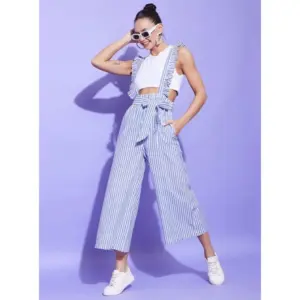Generic Women's Cotton Pinafore Shoulder Straps Jumpsuit (Light Blue)