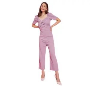 Generic Women's Polyester Lycra Solid Puff Sleeve Jumpsuit (Lavender)