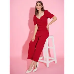 Generic Women's Polyester Lycra Solid Puff Sleeve Jumpsuit (Red)
