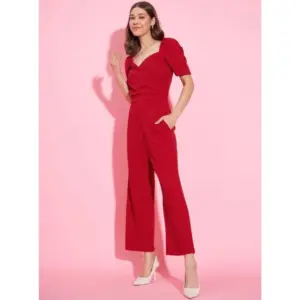 Generic Women's Polyester Lycra Solid Puff Sleeve Jumpsuit (Red)