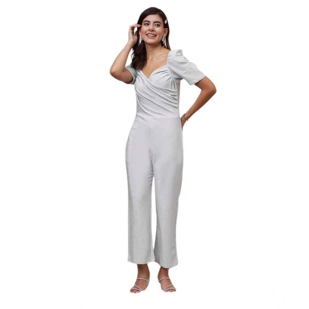 Generic Women's Polyester Shimmer Self Design Short Sleeve Jumpsuit (Silver)