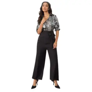 Generic Women's Satin And Polyester Floral Half Sleeves Jumpsuit (Grey - Black)