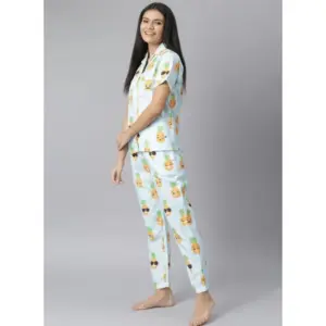 Generic Women's Cotton Blend Printed Short Sleeve Night Suit (Blue-Yellow)