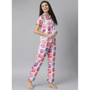 Generic Women's Cotton Blend Printed Short Sleeve Night Suit (Pink)