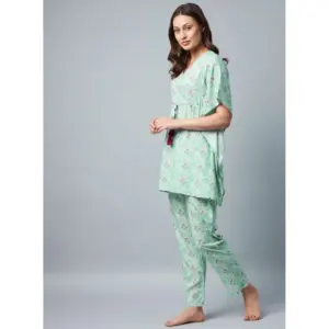 Generic Women's Rayon Floral Kaftan Sleeve Night Suit (Green - Pink)