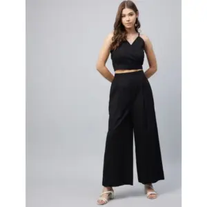 Generic Women's Cotton Linen Solid Sleeveless Crop Top and Palazzo Set (Black)
