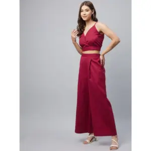 Generic Women's Cotton Linen Solid Sleeveless Crop Top and Palazzo Set (Maroon)