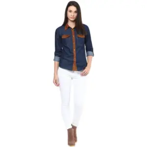 Generic Women's Denim Cotton based Solid Long Sleeves Shirt (Blue)