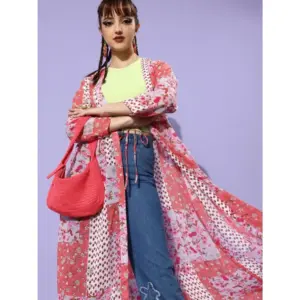Generic Women's Polyester Floral Long Sleeves Shrug (Pink-Coral)