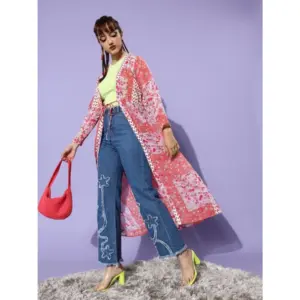 Generic Women's Polyester Floral Long Sleeves Shrug (Pink-Coral)