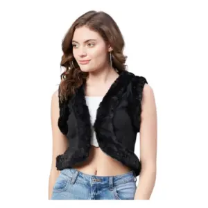 Generic Women's Denim And Fur Solid Sleeveless Shrug (Black)