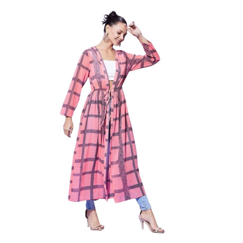 Generic Women's Polyester Check Long Sleeves Shrug (Pink)
