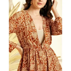 Generic Women's Polyester Floral Long Sleeves Shrug (Brown)
