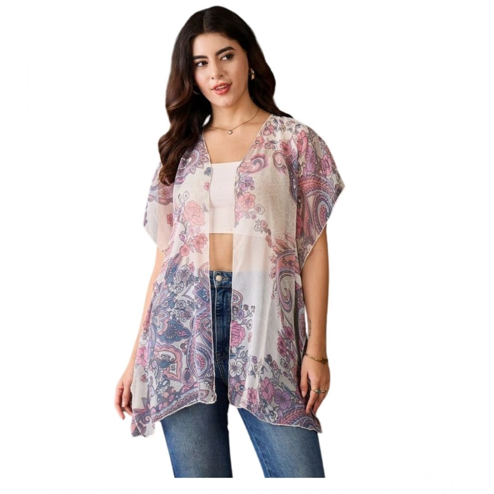 Generic Women's Chiffon Printed Short Sleeves Shrug (White - Purple)