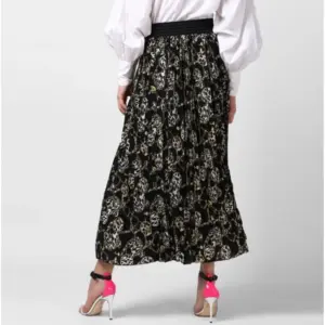 Generic Women's Georgette Chain Print Elasticated Skirt (Black-Cream)