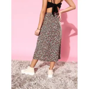 Generic Women's Polyester Floral Side Zip Skirt (Grey - Coral)