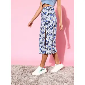 Generic Women's Polyester Floral Side Zip Skirt (Blue - White)