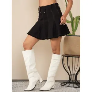 Generic Women's Denim Washed Buttoned Skirt (Black)