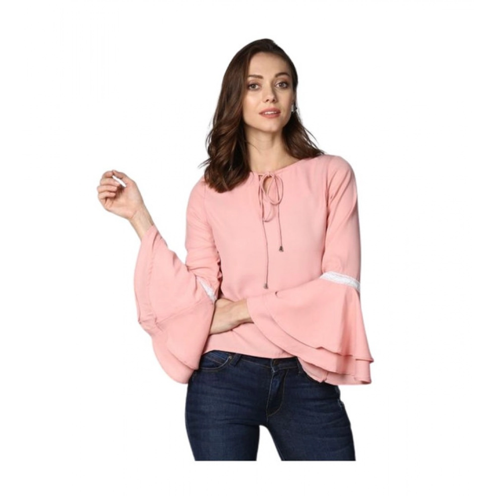 Generic Women's Polyester Solid Bell Sleeve Top (Pink)